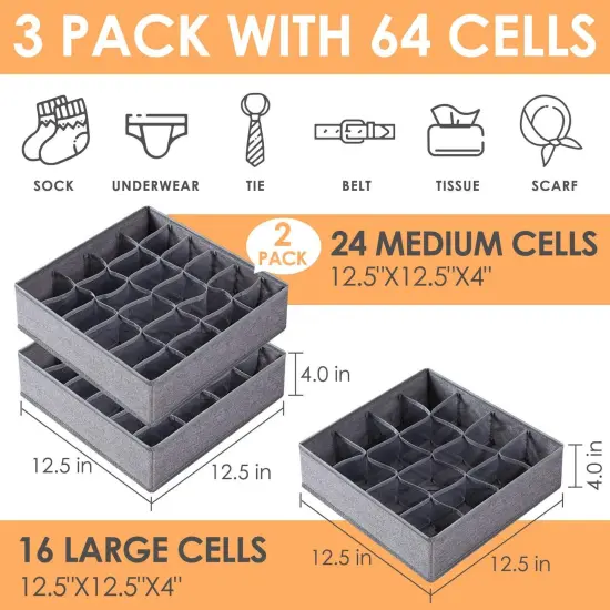 3 Pack Sock Underwear Organizer Dividers, 64 Cell Fabric Foldable Cabinet Closet Organizers and Storage Boxes for Storing Socks, Underwear, Ties (16+24+24 Cell, Gray) {2}