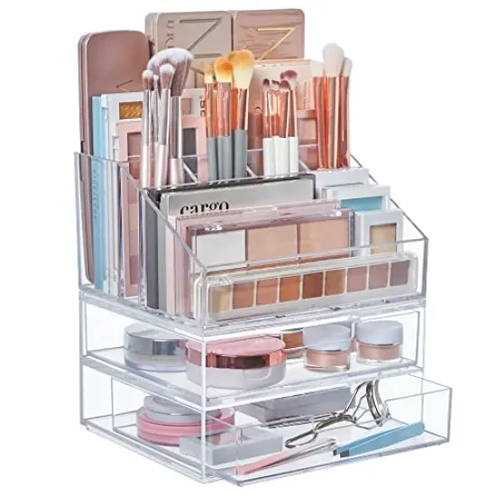 Chloe Stackable Clear Makeup Holder with Double Organizer Drawer Set - Ideal for Organizing Cosmetics and Beauty Supplies, Made in the USA {3}