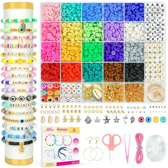 Clay Beads Bracelet Making Kit for Beginner, 5000Pcs Heishi Flat Preppy Polymer Clay Beads with Charms Kit for Jewelry Making, DIY Arts and Crafts Gifts Toys for Kids Age 6-12 {2}