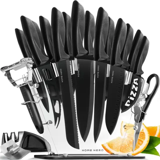 Home Hero Kitchen Knife Set, Steak Knife Set & Kitchen Utility Knives - Ultra-Sharp High Carbon Stainless Steel Knives with Ergonomic Handles (20 Pc Set, Black) {1}