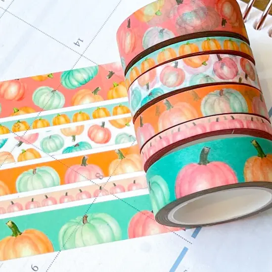 Pastel Boho Teal Pink & Orange Pumpkins Washi Tape Set (#W068) {1}