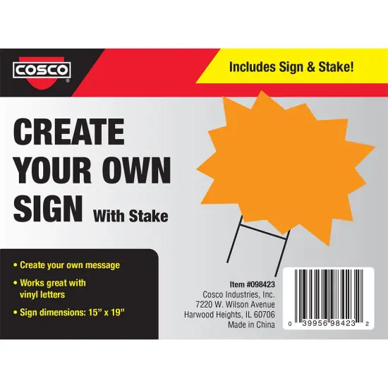 COSCO Burst Sign and Stake Kit, 15" x 19" OrangeCorrugated Plastic Sign with Metal H-Stake, 1 set {2}
