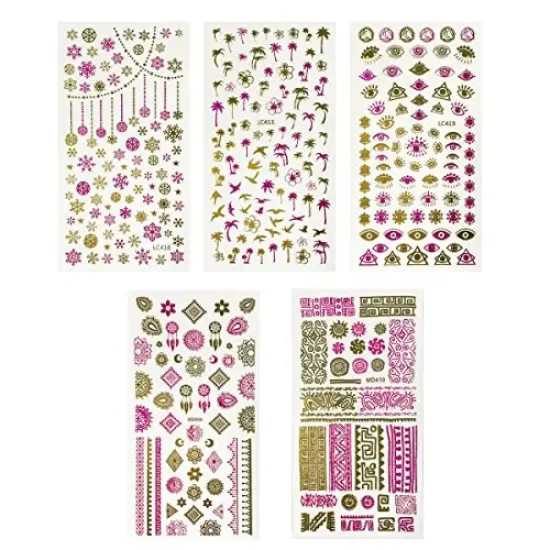 Wrapables 450+ Nail Stickers Pink & Gold Foil Nail Stickers Nail Art Henna Nail Stickers, 5 sheets - Prints {3}