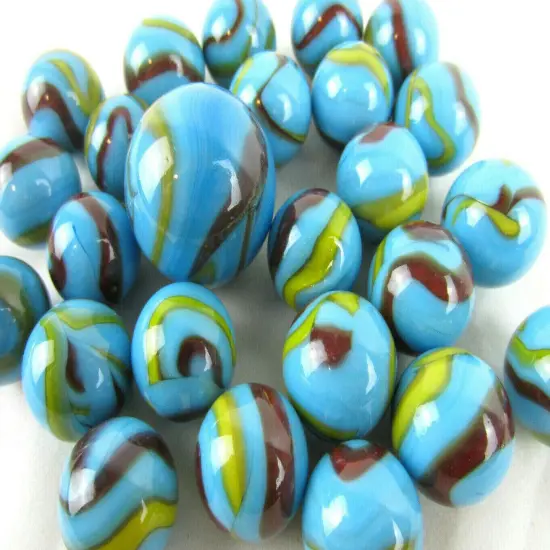 25 Glass Marbles SERPENT Blue/Red/Yellow Shooter vtg style Swirl {2}