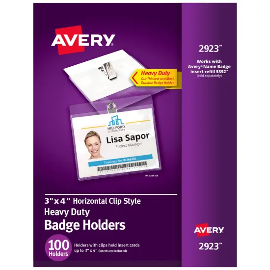 Avery Heavy Duty Badge Holders, 3" x 4", 100 Horizontal ID Badge Holders with Clips (2923) Clear {1}