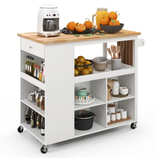 Kitchen Island Trolley Cart on Wheels with Storage Open Shelves and Drawer-White {3}