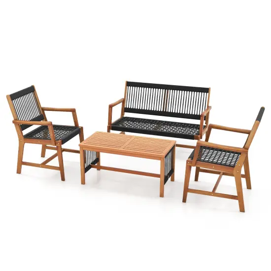 4 Pieces Acacia Wood Patio Conversation Table and Chair Set with Hand Woven Rope {3}