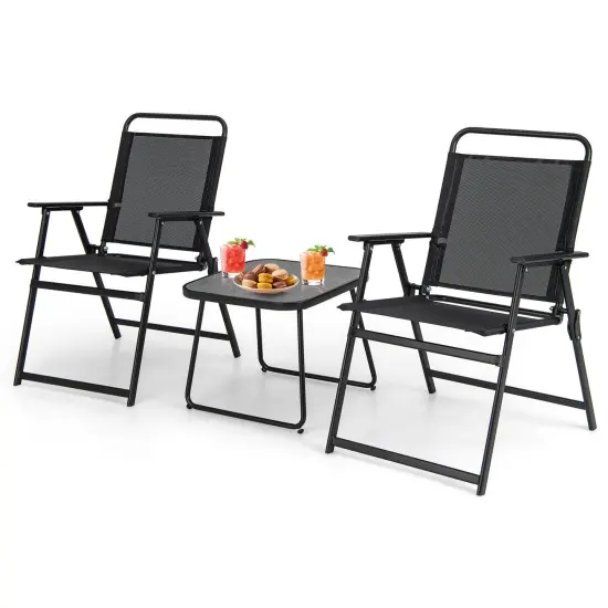 3 Pieces Patio Folding Conversation Chairs and Table-Black {4}