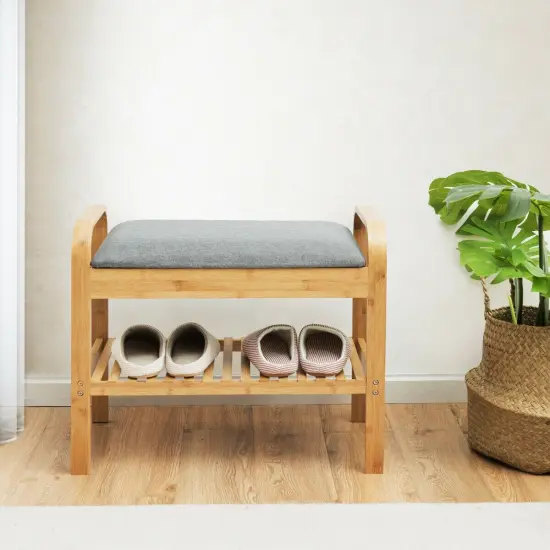 Shoe Rack Bench Bamboo with Storage Shelf -Natural {2}