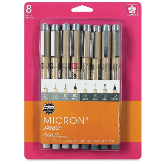Sakura Pigma Brush Pens - Light Cool and Cool Gray, Brush and Micron, Set of 8 {1}