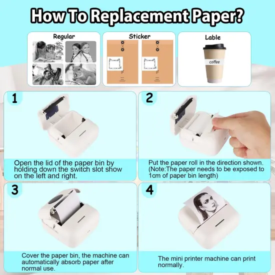 Mini Sticker Printer Bluetooth Smart Pocket Inkless Thermal Printer with 11 Rolls Thermal Paper and Sticker for iOS&Android, Portable Receipt Printer for Photo Journal Notes Memo {4}