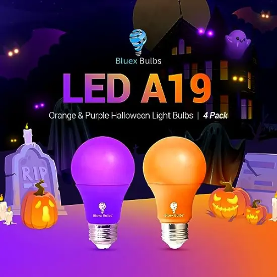 4 Pack A19 LED Purple Light Bulb LED Orange Light Bulb 120V E26 Base 9 Watt (60-watt Replacement) Purple Bulb Orange Bulb, Party Decoration, Porch, Home Lighting, Halloween Light Bulbs {2}