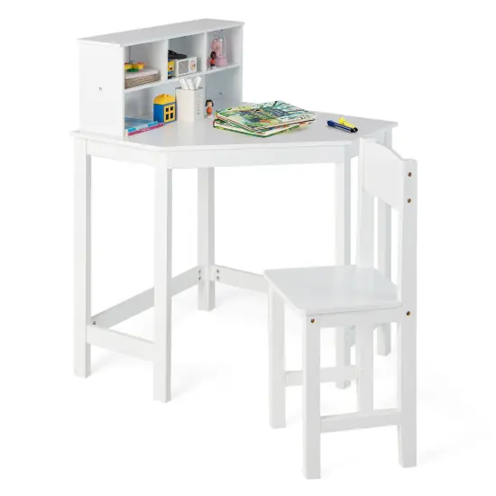 Kids Wooden Corner Desk and Chair Set with Hutch and Storage-White {1}