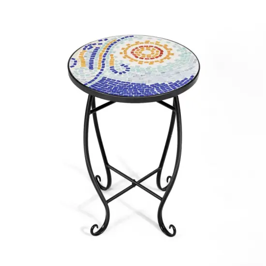 Steel Mosaic Round Accent Table for Patio Lawn Garden Blue {9}