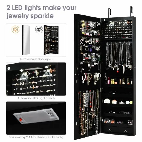 Wall and Door Mounted Mirrored Jewelry Cabinet with Lights Black {6}