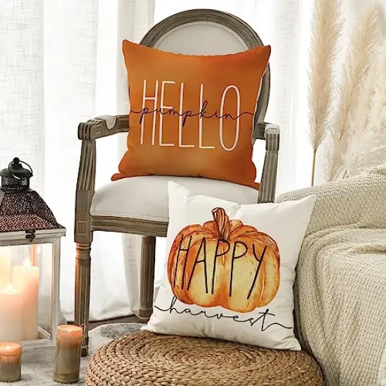 AVOIN colorlife Hello Pumpkin Fall Happy Harvest Maple Leaf Throw Pillow Covers, 18 x 18 Inch Pillows Autumn Seasonal Cushion Case for Sofa Couch Set of 4 {4}