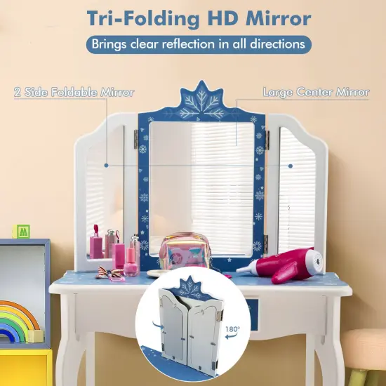 Princess Vanity Table and Chair Set with Tri-Folding Mirror and Snowflake Print-Pink {7}