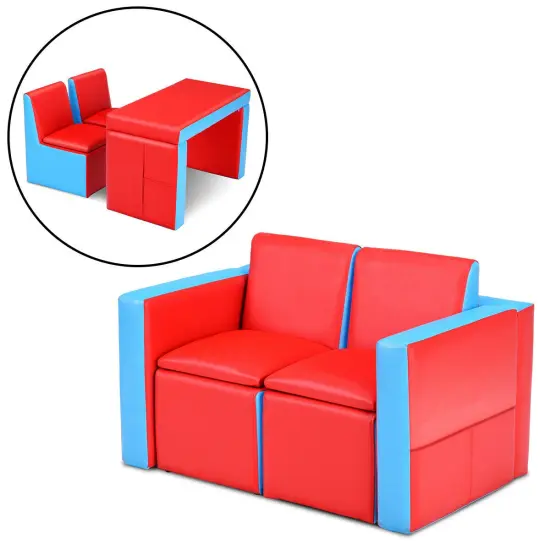 2 in 1 Multi-Functional Kids Sofa Table Chair Set with PVC Surface and Storage Box Under The Seat Red {3}