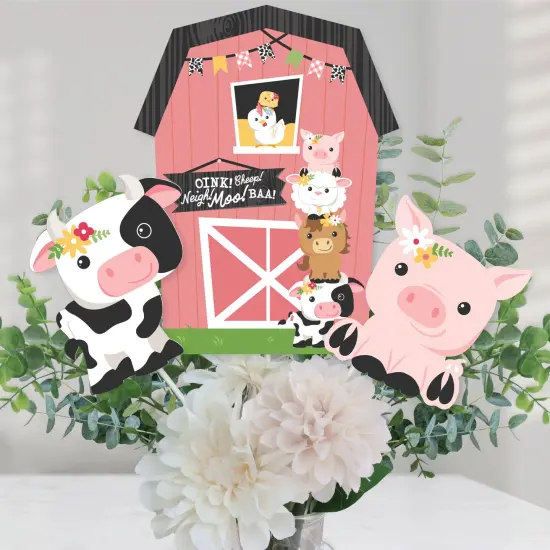 Big Dot of Happiness Girl Farm Animals - Pink Barnyard Baby Shower or Birthday Party Centerpiece Sticks - Table Toppers - Set of 15 {1}