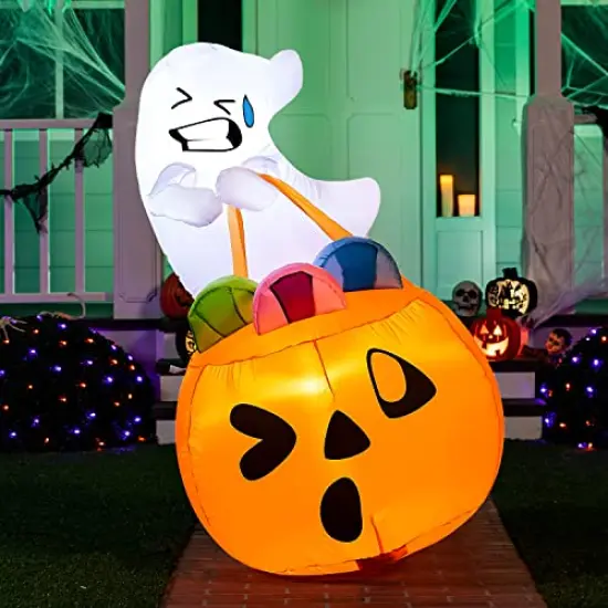 Joiedomi 5 FT Tall Halloween Inflatable Cute Ghost Inflatable Lift Pumpkin Candy Bag with Build-in LEDs Blow Up Inflatables for Halloween Party Indoor, Outdoor, Yard, Garden, Lawn Decorations {1}