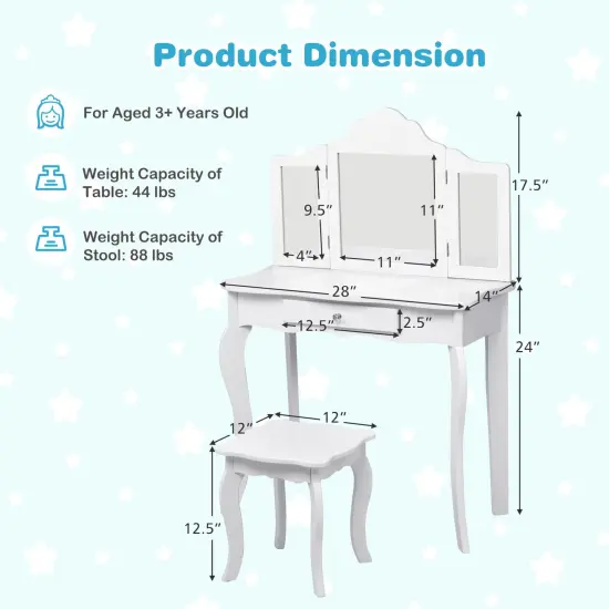Kids Makeup Dressing Mirror Vanity Table Stool Set White {5}