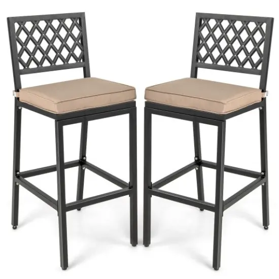Set of 2 Patio Bar Chairs with Detachable Cushion and Footrest Argyle Pattern {1}