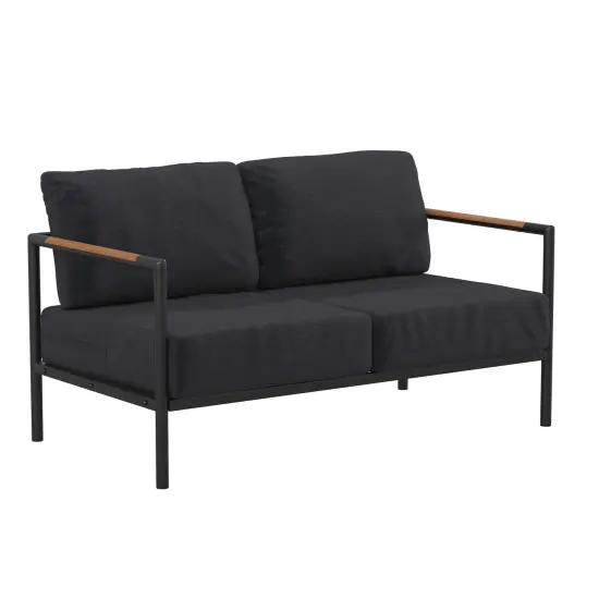 Merrick Lane Eastport Outdoor Loveseat with Removable Plush Fabric Cushions and Teak Accented Aluminum Frame Charcoal {1}