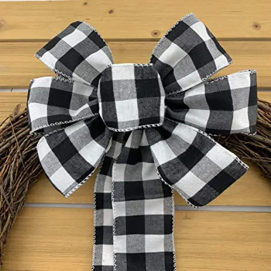 Buffalo Plaid Christmas Wreath Bow - 10" Wide, 18" Long Pre-Tied Bow, Black and White Checkers, Fall Decor, Door Decoration, Swag, Wreath, Garland, Boxing Day, Winter, Thanksgiving {3}