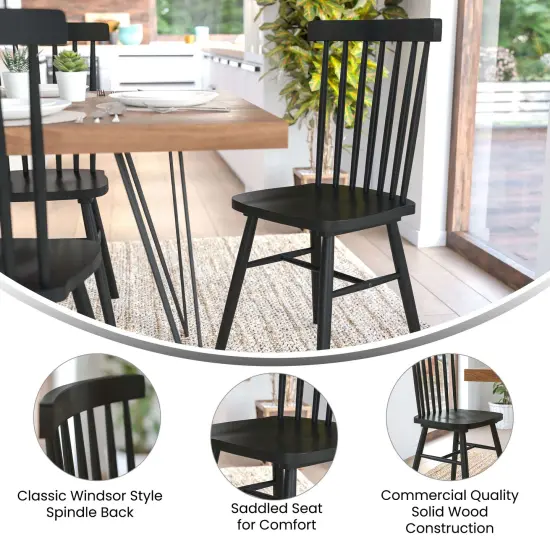 Merrick Lane Torrin Set of Two Premium Solid Wood Spindle Back Dining Chairs with Saddle Seats and Floor Protectant Felt Pads Black {2}