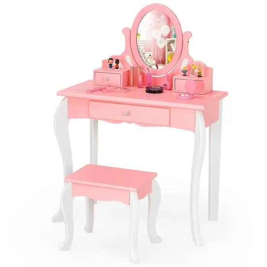 Kids Vanity Princess Makeup Dressing Table Stool Set with Mirror and Drawer White {7}