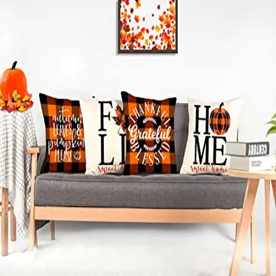 4TH Emotion Fall Decor Pillow Covers 18x18 Set of 4 Thanksgiving Buffalo Check Farmhouse Decorations Orange Black Pumpkin Maple Leaves Outdoor Decorative Throw Cushion Case for Home Couch TH025-18 {2}