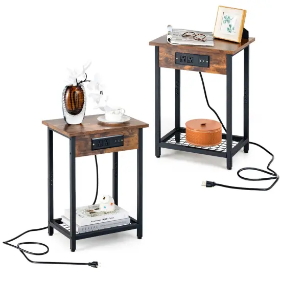 2 Pieces Bedside Nightstand Set with Open Shelf and Charging Station-Rustic Brown {3}