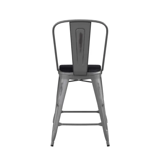 Emma and Oliver Grant Clear Coated Metal Stool with Backrest and Polyresin Seat for Indoor Use Only Clear Coated/Gray {9}