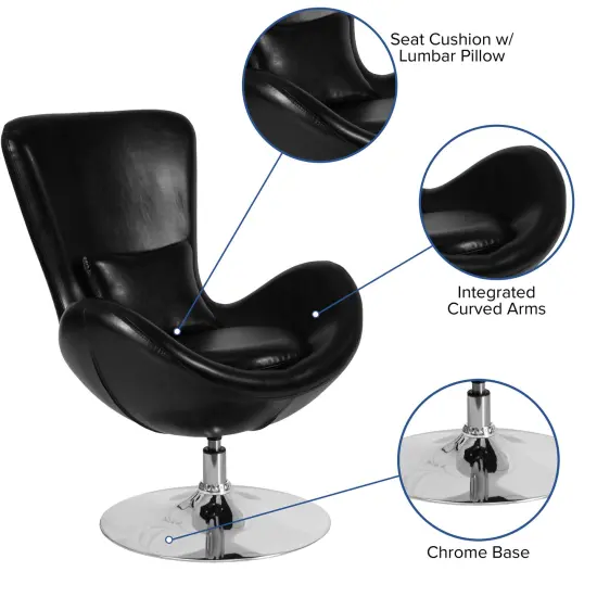Merrick Lane Soro High-Back Egg Style Lounge Chair With 360&deg; Swivel Metal Base Black LeatherSoft {2}