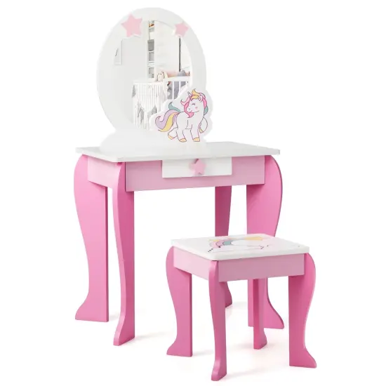 Kids Wooden Makeup Dressing Table and Chair Set with Mirror and Drawer Pink {2}