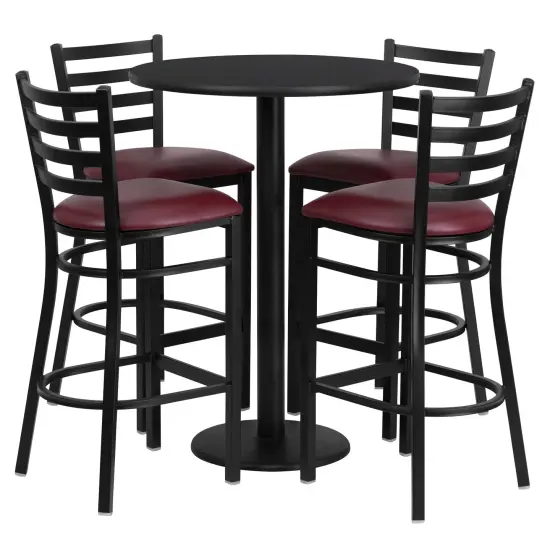 Emma and Oliver 30" Round Laminate Table Set with 4 Ladder Back Metal Stools BlackTop/BurgundyVYL {1}