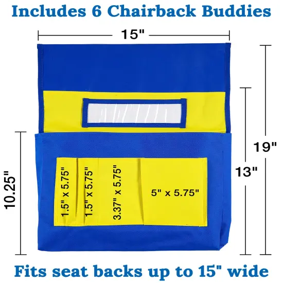 Carson Dellosa 6-Pack Yellow & Blue Chairback Buddy Pocket Chart Set, 15" x 19" Back of Chair School Supplies Pocket Organizer With Name Tag and 6 Chair Pockets for Classrooms, Classroom Organization {2}