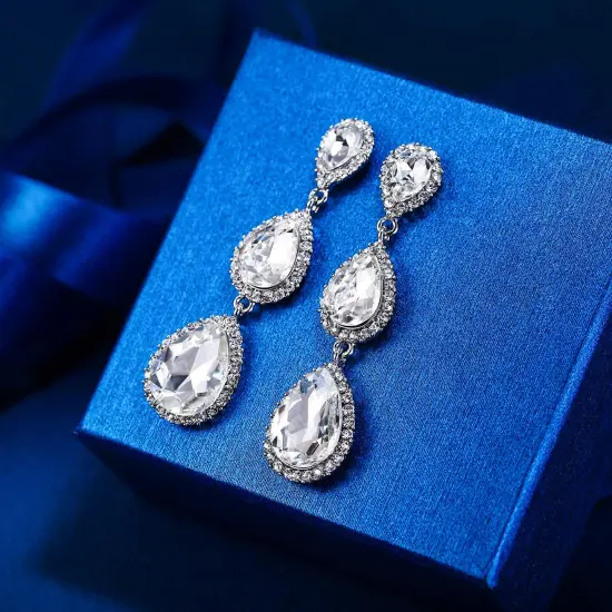 EleQueen Women's Silver-tone Austrian Crystal Tear Drop Pear Shape Long Dangle Earrings Silver-tone Clear {5}