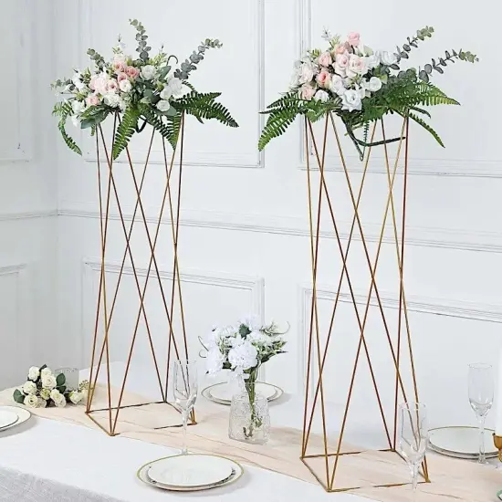 2 Gold 32 in Crisscross Geometric Metal FLOWER STANDS Centerpieces Party Events {2}