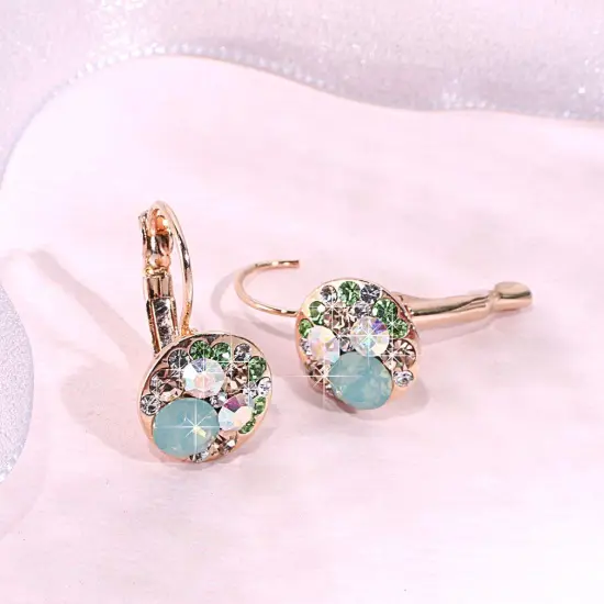 Multicolored Crystal Earrings for Women 14K Gold Plated Leverback Dangle Hoop Earrings (Green Opal+Aurora Borealis Crystal) {4}