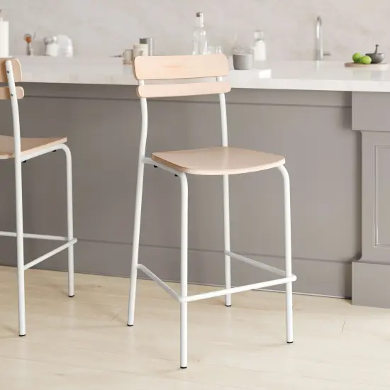 Emma and Oliver Blanchard Set of 2 Bar Stools with Metal Frames and Solid Wood Seats and Backs with Antique Finishes Antique White {3}