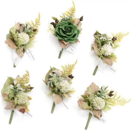 Boutonniere Set of 6 for Groom & Groomsmen Emerald green & beig {1}
