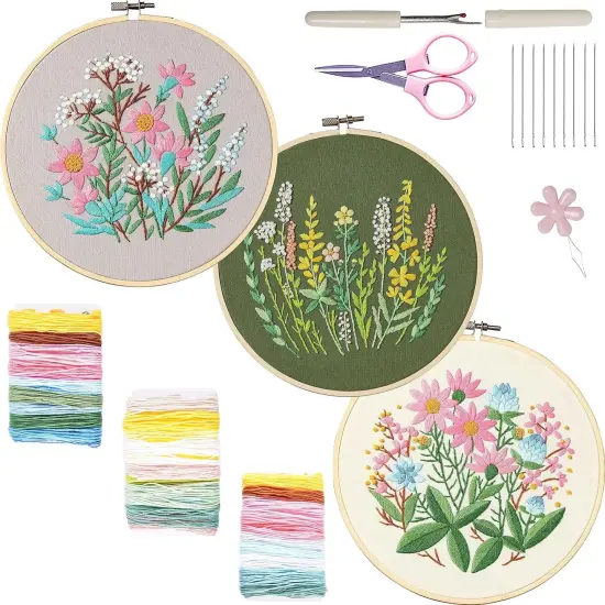 Embroidery Kit for Beginners, 3 Sets Embroidery Kit for Craft Lover Handy Stitch with Embroidery Fabric with Pattern,Full Range Accessories (Cats) Wildflower {1}