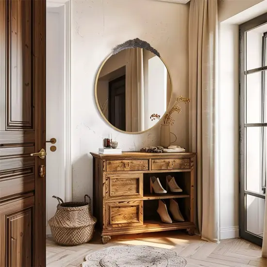 Wisfor Round Wall Mirror Antique Metal Frame with Rose Pattern Decorative Mirror {4}