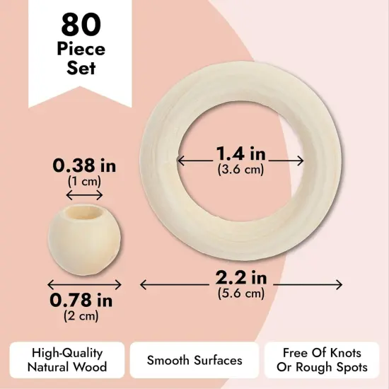 Set of 50 Wooden Beads and 30 Wood Rings for Macrame, DIY Pendant Connectors, Wall Hanging Craft (Rings 2.2 In/Beads 20Mm) {6}