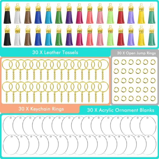 120 Pieces Blank Keychains for Vinyl Kit Including 30pcs Acrylic Discs, 30pcs keychain Tassels, 30pcs Gold Key chain Rings and 30pcs Jump Rings for DIY Keychain, Vinyl Craft {1}