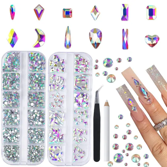 1820 Pieces Rhinestones Nail Gems, 12 Styles 3D Glass Crystals Charms Shiny Multi Shape Flatback Nail Rhinestones for Nail Art with Picker and Tweezers for DIY Nail Art {2}