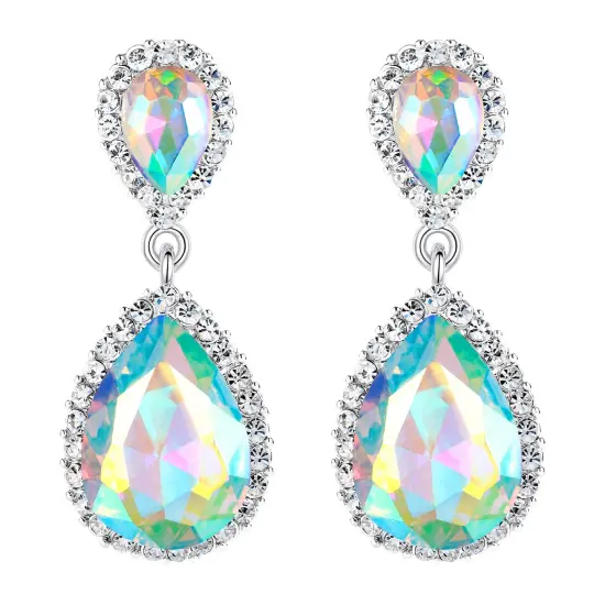 Women's Austrian Crystal Wedding Tear Drop Dangle Earrings Iridescent AB Silver-Tone {2}