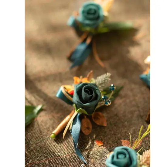 Boutonniere Set of 6 for Groom & Groomsmen Dark teal & burnt or {3}