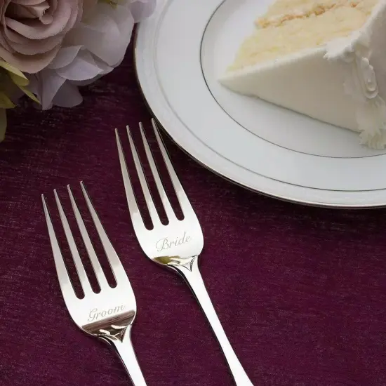 Engraved Bride and Groom Silver Wedding Fork Set, Vintage Utensils for Wedding {2}